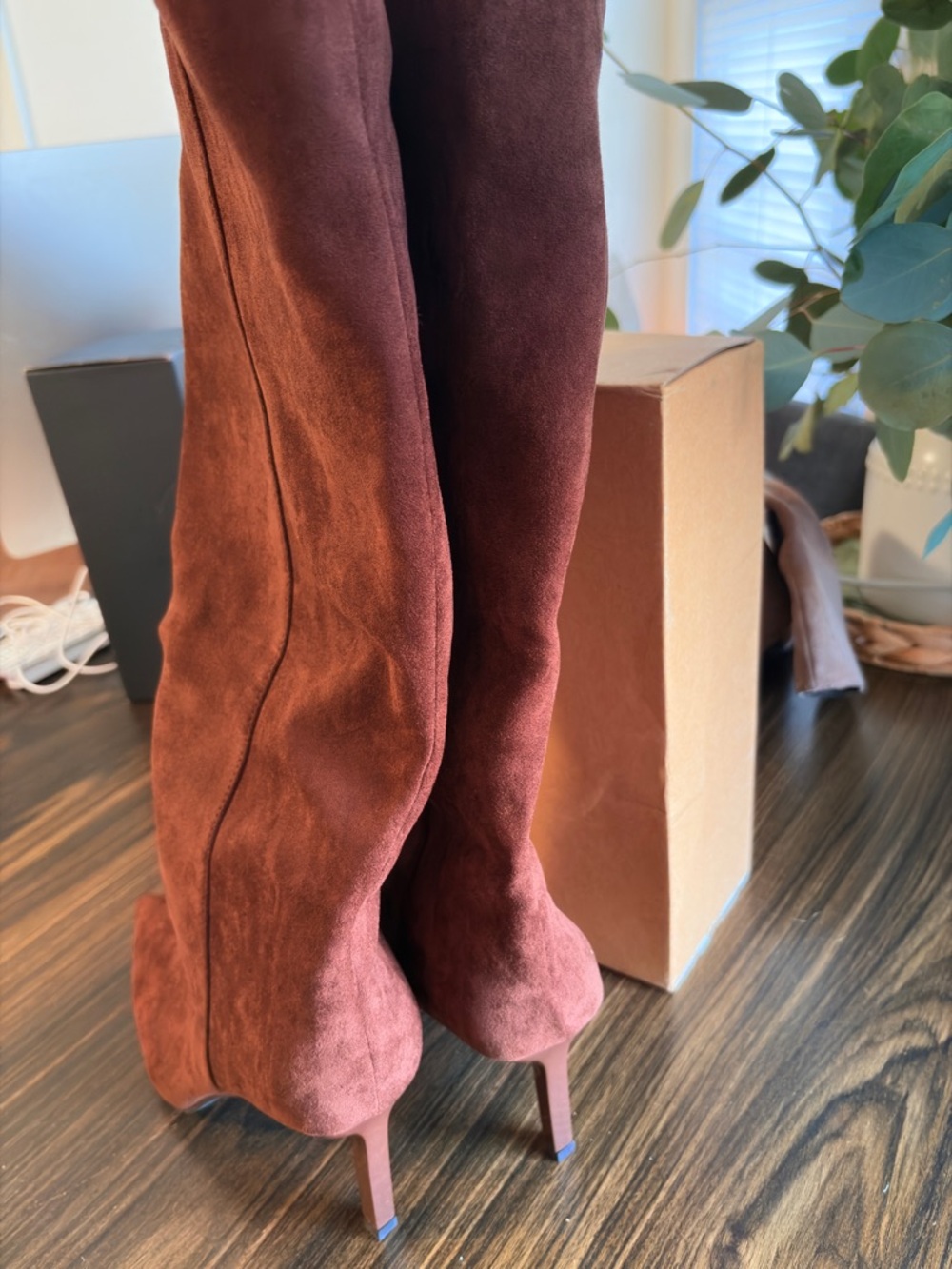 SHEIN Women's Tall Suede Heeled Boots in Burgundy Brown